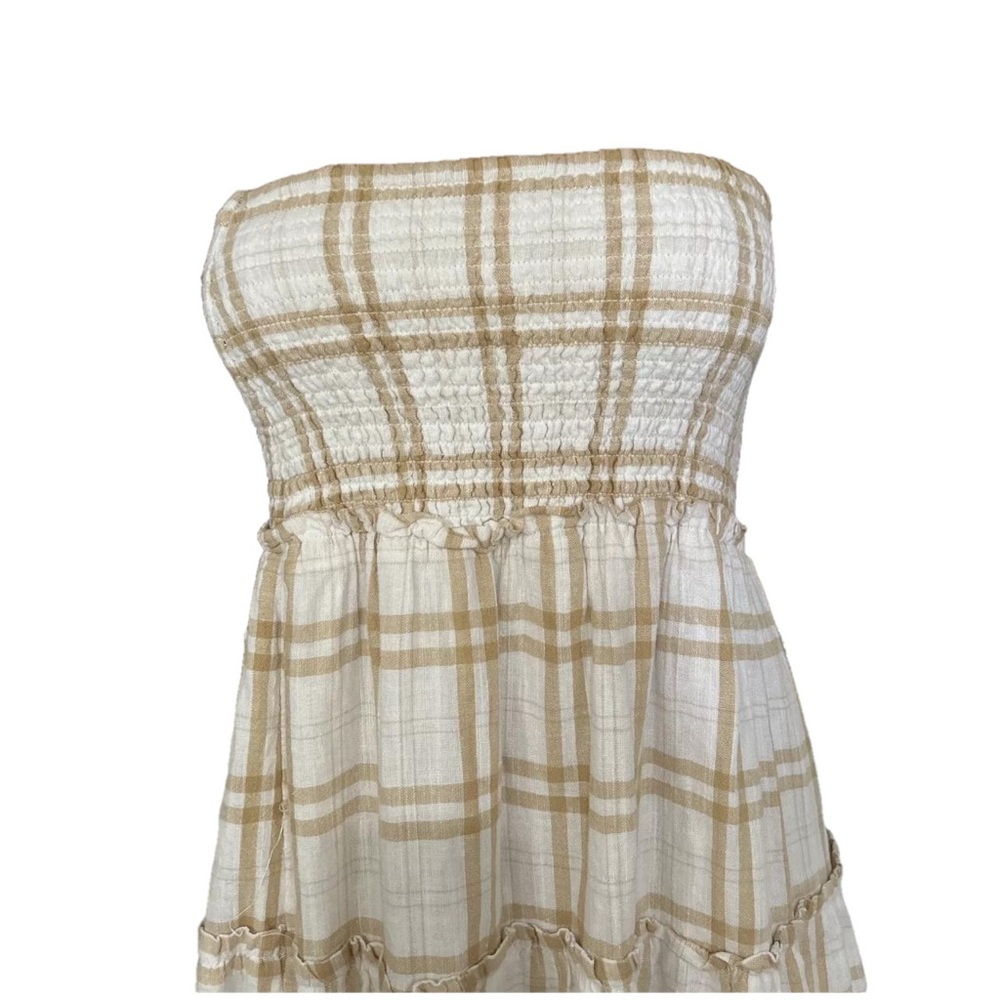 American Eagle M Smocked Linen Blend Dress White Tan Beige Plaid Ruffle … - Picture 2 of 7